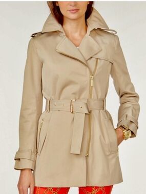 Michael Kors Beige Belted Short Trench Coat with Gold Hardware